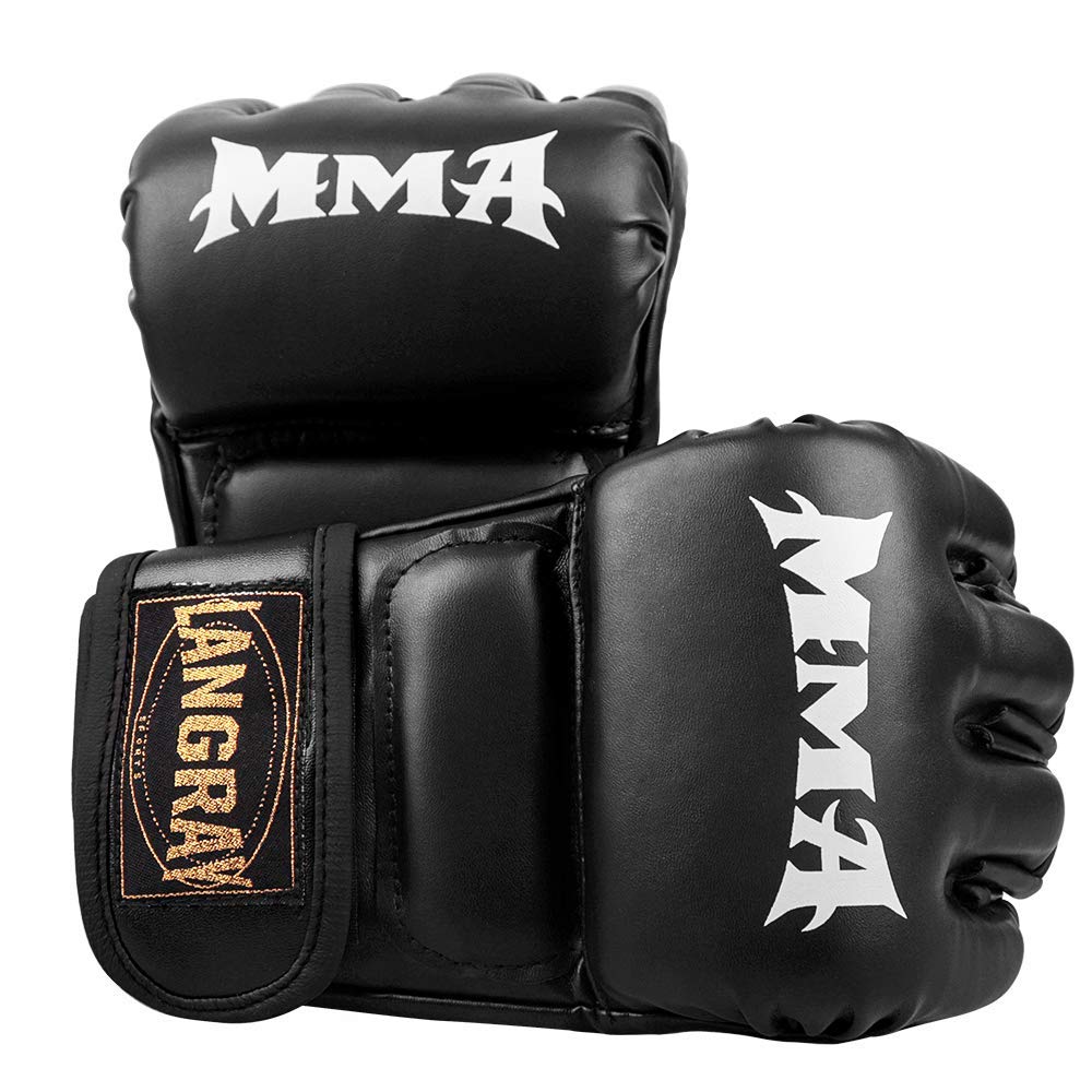 LangRay Open Finger Gloves Boxing Gloves MMA Boxing Muay Thai Karate Taekwondo Training Gloves for Men Women Black Medium