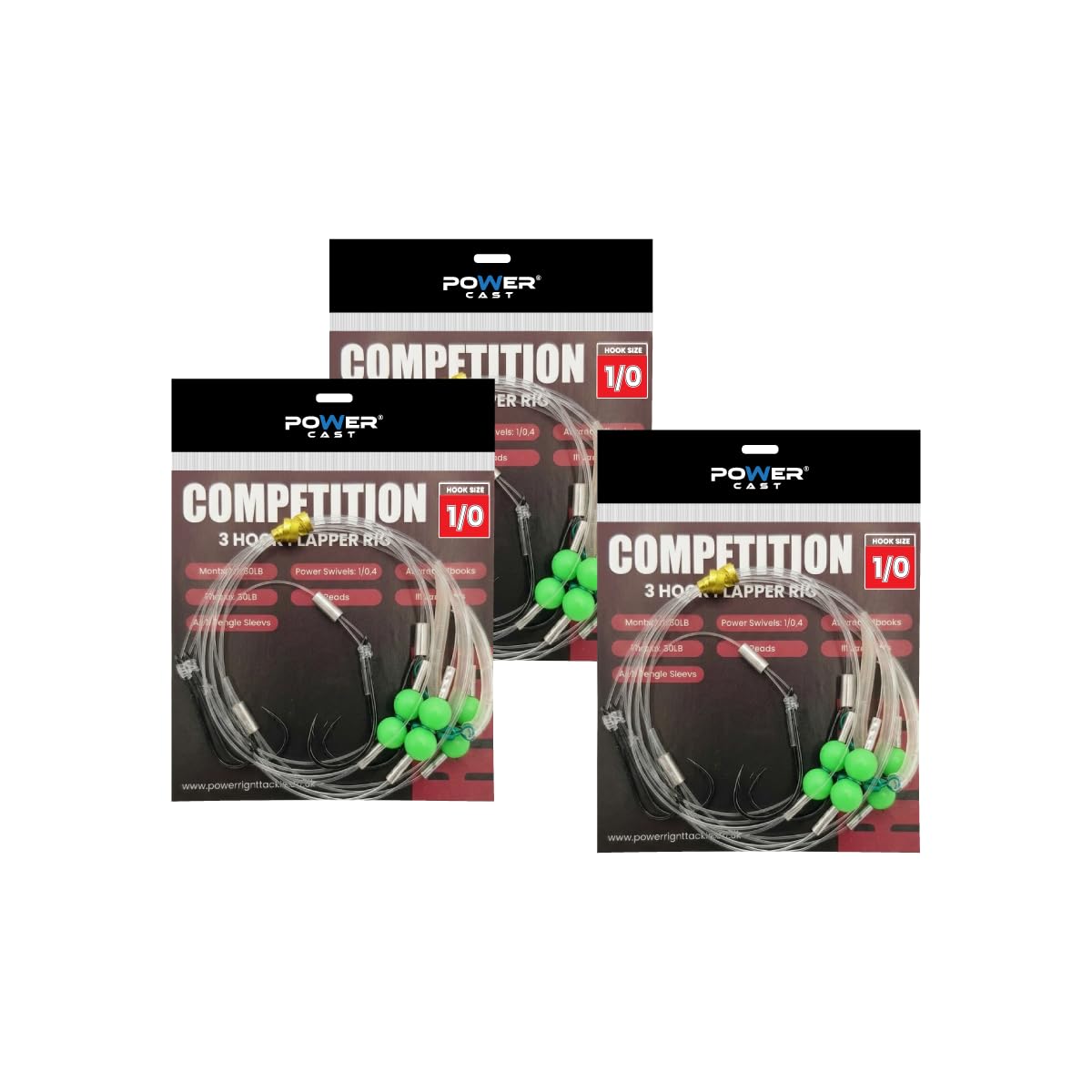 Power Cast Competition 3 Hook Flapper Rig, 3 Pack, Hook Sizes 4, 2 and 1/0, 80LB Main Line, Power Swivels, Green Beads (1/0) โ image 1