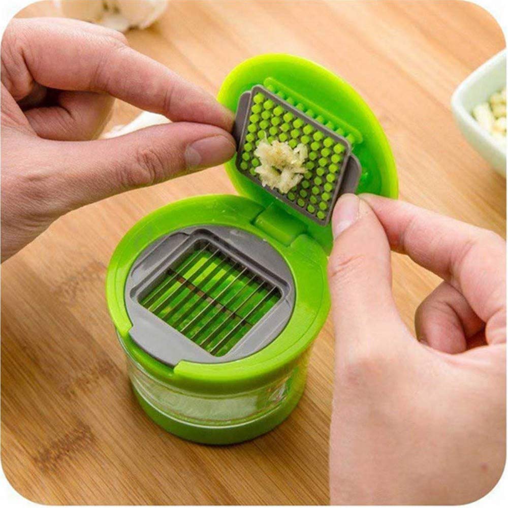 MWHH Kitchen Innovations Garlic Press, Crusher, Cutter, Mincer, and Storage Container - Includes Silicone Garlic Peeler - Easy to Clean - Stainless Steel Blades – (Green)