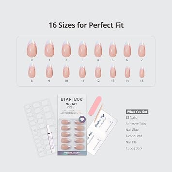 BTArtbox Press On Nails, Mermaid, Short Almond, White French Tip, 32Ct | Lamp-Curable 4-Week Wear, Salon-Quality Natural Nails, 10-Minute Easy Daily Application, 16 Sizes, All-in-One Complete Kit