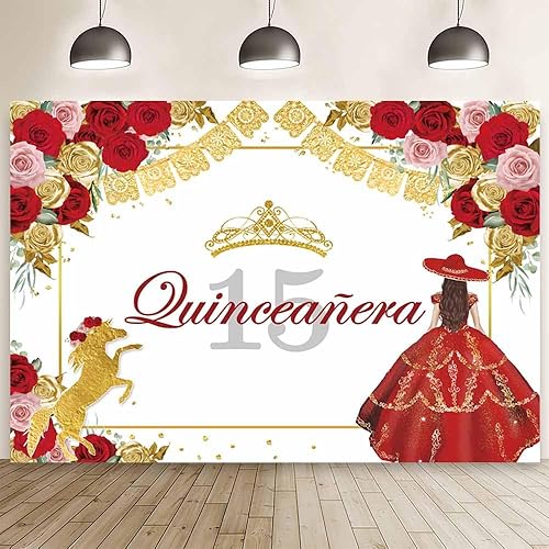 AIBIIN Telón de fondo de quinceañera occidental de 8 x 6 pies, para quinceañera, fiesta mexicana, cumpleaños, corona de rosa, caballo con purpurina,