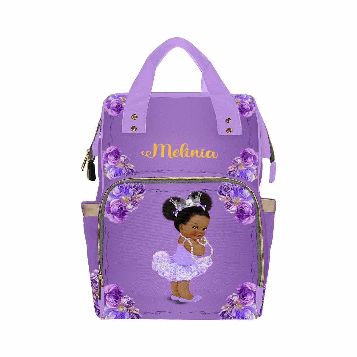 Newcos Personalized African Crown Princess, Purple Roses Diaper Bag with Name Nappy Bag Casual Travel Daypack for Mom Women Gifts, Multicolor