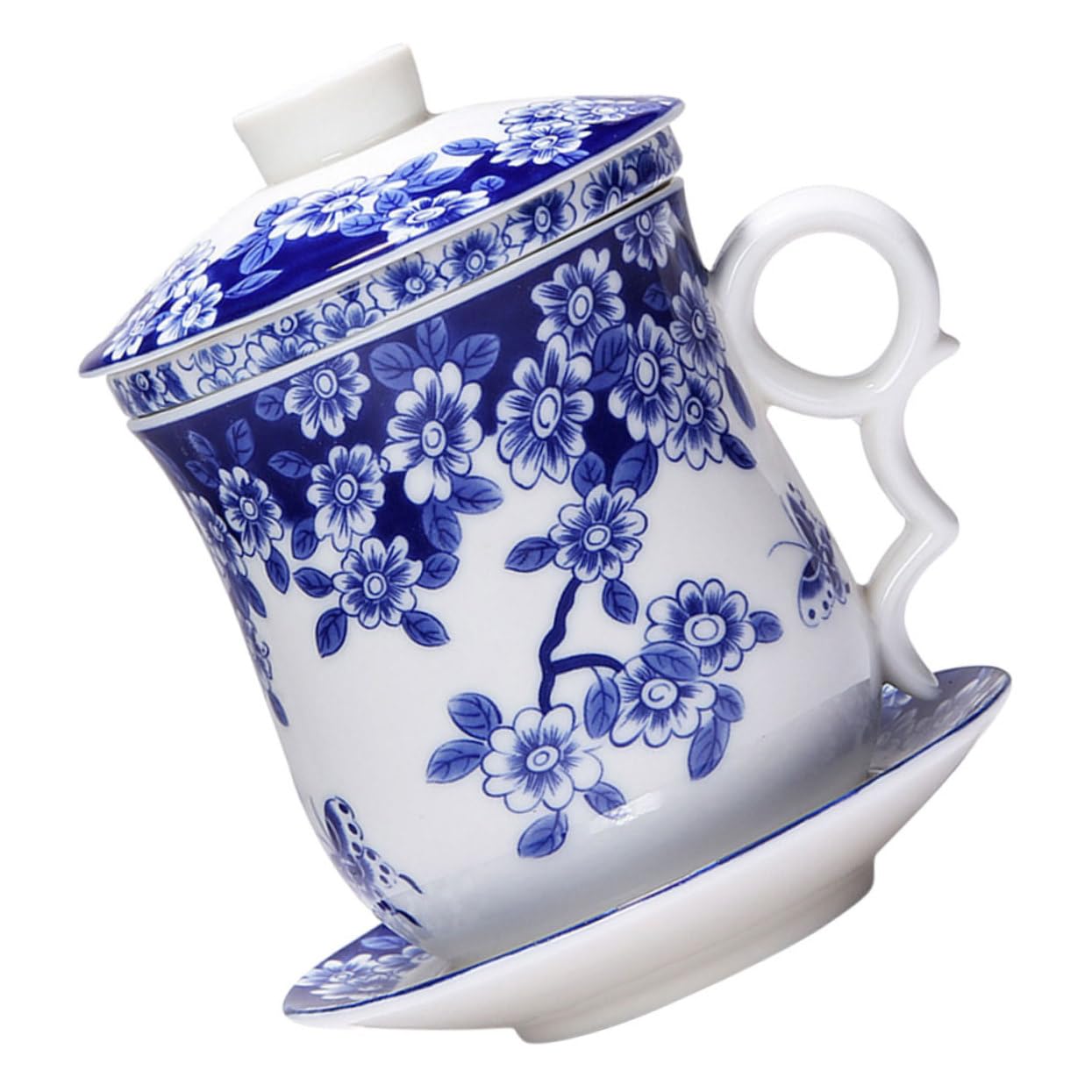 Teetassen Dekorativ und Praktisch Keramik mit Sieb und Untertasse Satz Chinesisches Teegeschirr mit Blauem Ziermuster für Teeliebhaber Zuhause