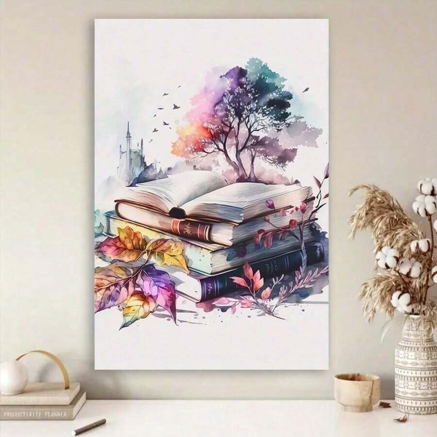 Toile aquarelle abstraite haut de gamme avec motifs de livres et arbres