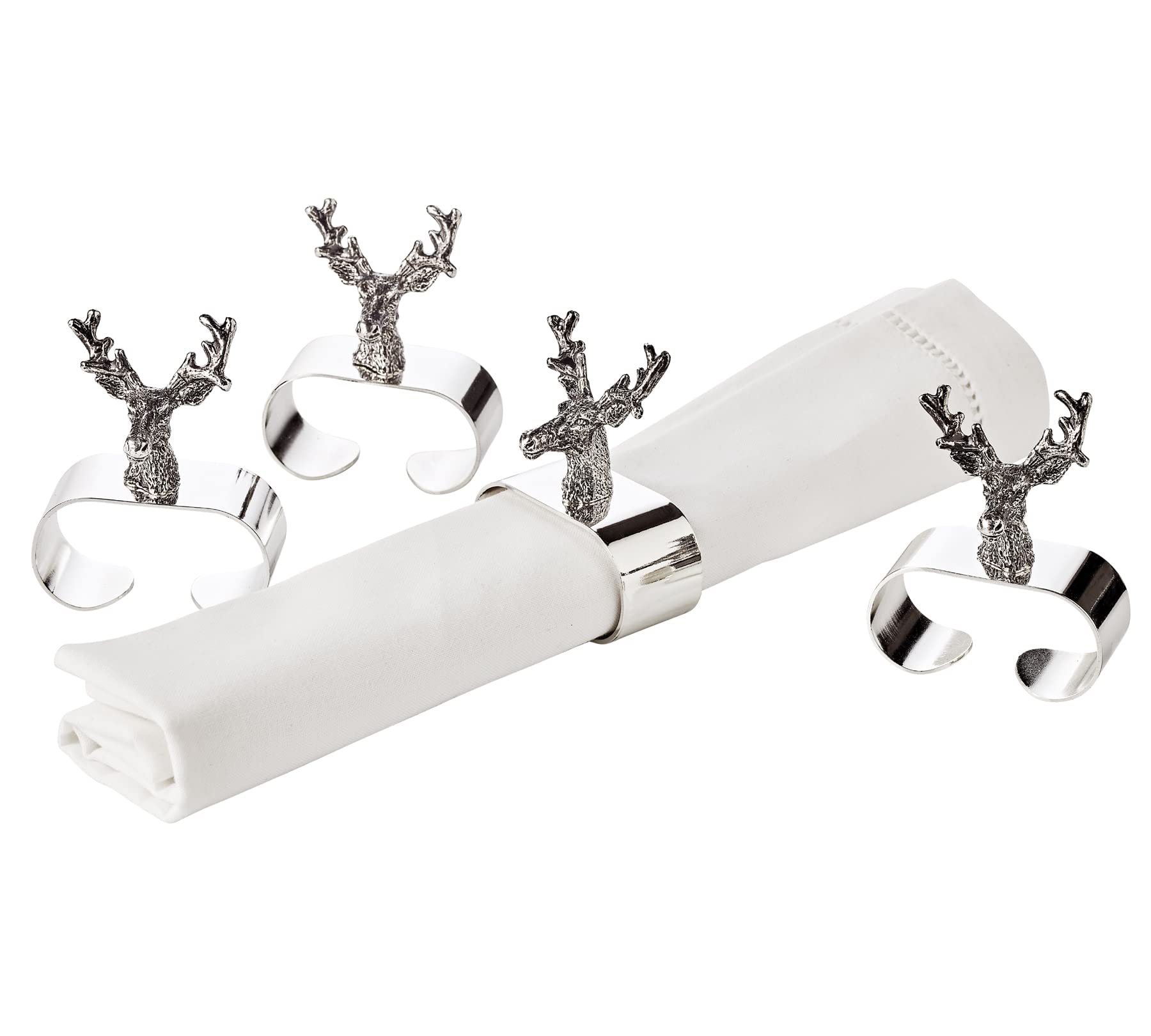 EDZARD 4er Set Serviettenring Hirsch, edel versilbert, Länge 5 cm - Ring für Stoffservietten, Tischdekoration, Tafelaccessoires