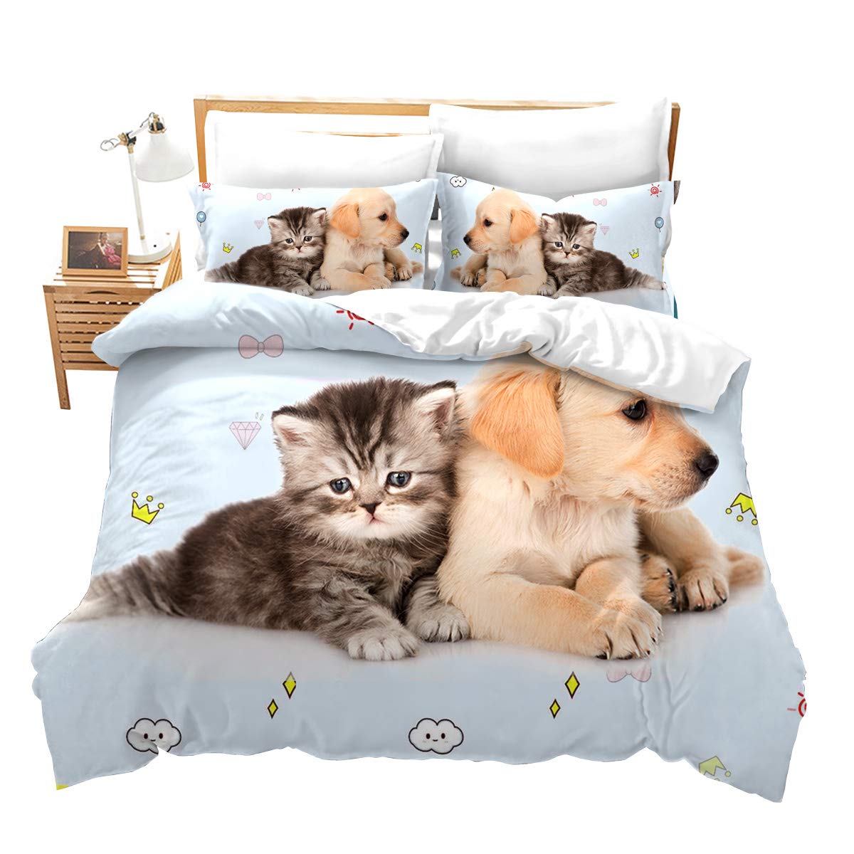 Loussiesd Cats Dogs Duvet Cover Set Single Size for Kids 3D Print Animals Bedding Set Crown Print Comforter Cover with 1Pillow Shams Zipper Ultra Soft Microfiber Cute Lovely Bedspread Cover โ image 1