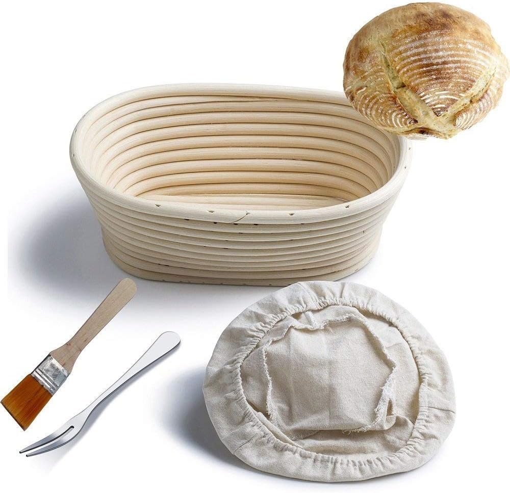 Banneton Proofing Basket 8" Oval Banneton Brotform for Bread and Dough [Free Brush] Proofing Rising Rattan Bowl(400g Dough) + Free Liner + Free Bread Fork…