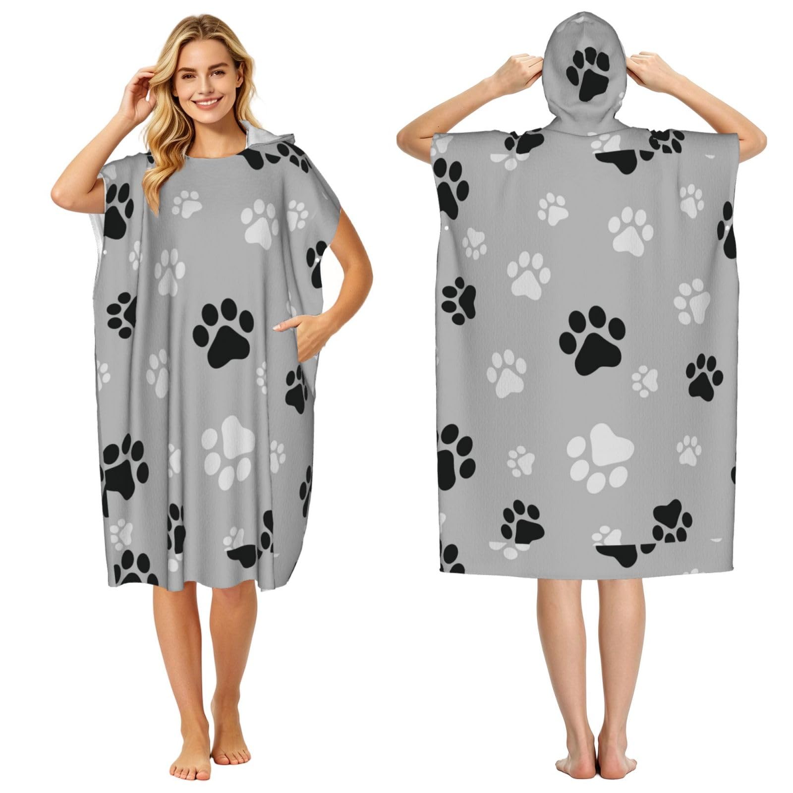 Poadnly Dog Paw Print, Adult Hooded Beach Towel 90 x 110 cm,Changing Bath Robe, Surf Poncho Towel For Women Men