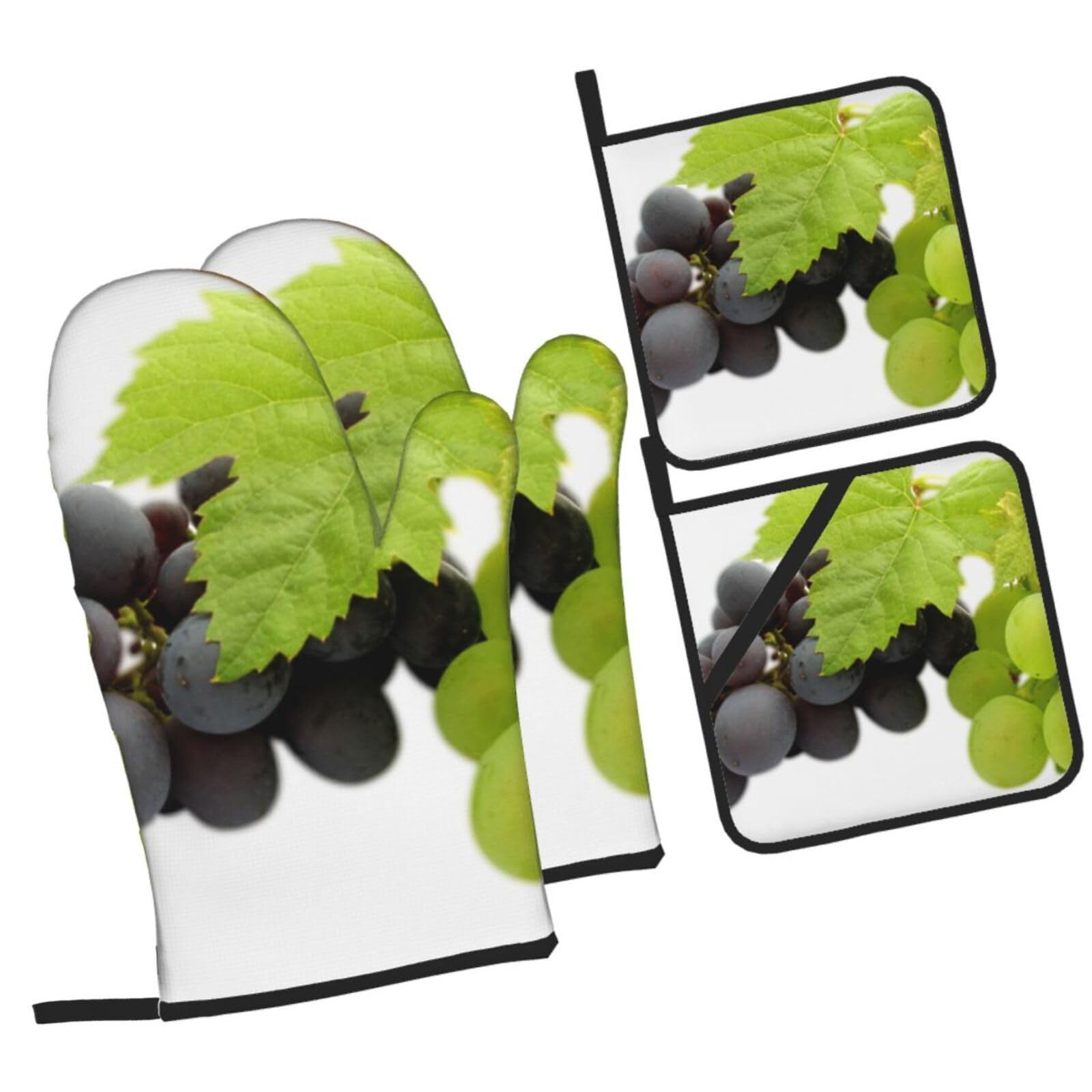 Grape Printed Oven Mitts and Pot Holders Heat Resistant Set of 4 Pcs, Modern Kitchen Gloves & Potholders for Cooking Baking Grilling