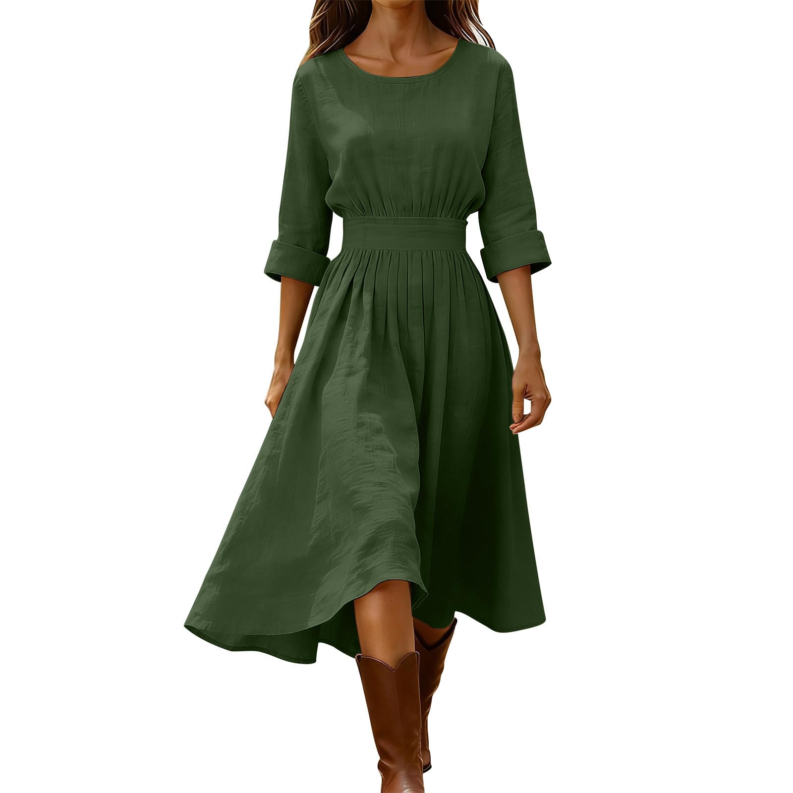 Aopir Women's A01-Army Green Elegant Cotton Linen Dress For Vacation Vintage Style Loose Flowy Midi Soft Summer Casual Dresses