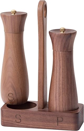 LOCDION Juego de molinillo de sal y pimienta de madera de nogal negro con soporte