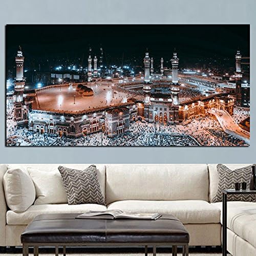 ALENIS Large size Print Mecca Islamic Last Day of Hajj Round Ornament View Muslim Mosque Landscape Painting On Canvas Religious Art Cuadros Decor