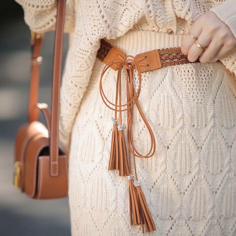 Women Waist Belt/Rope/Chain with Tassel and Beads Boho Wrap Skinny Belt for Skirt Dress Bohemian Style Belt tan2