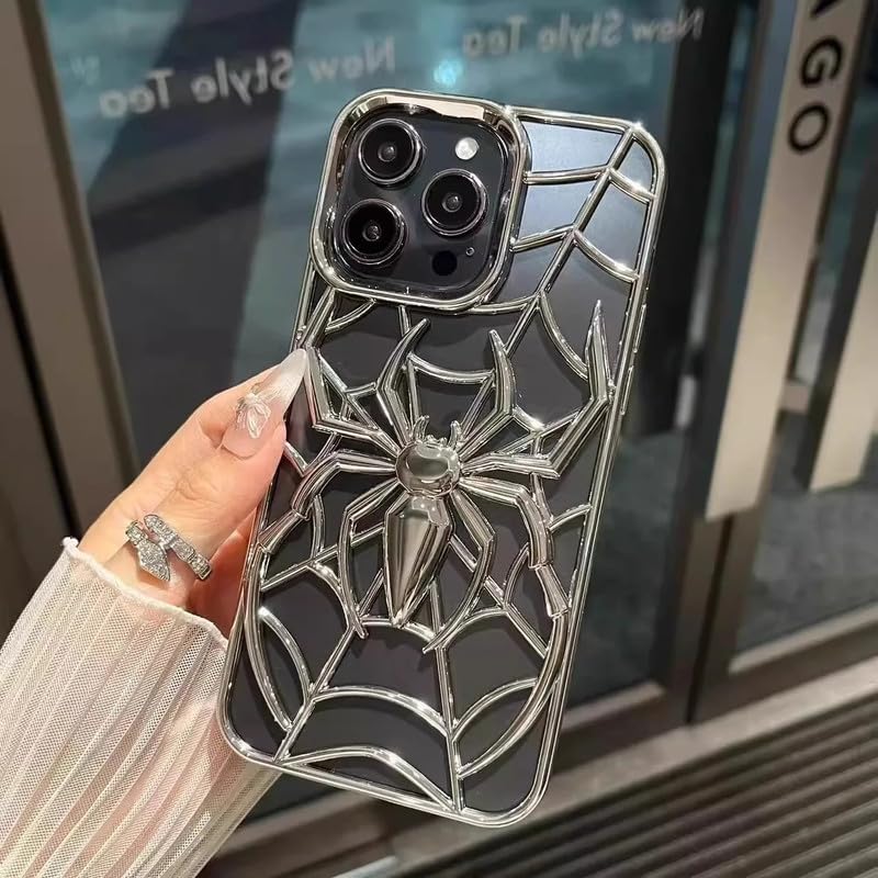 Image of COVERLY for iPhone 15 Spidey Web Silicone 3D Cartoon Clear Phone case, Full Protection Minimal Hollow Out Electroplated Heat Dissipation Metallic Paint Mobile Back Cover for Apple iPhone 15 (Silver)