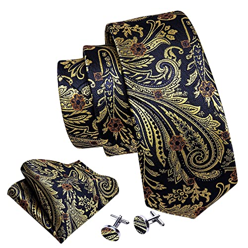 Barry.Wang Classic Men Ties Paisley Floral Woven Silk Necktie Set with Pocket Suqare Cufflinks Formal