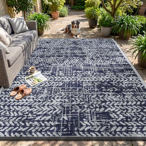 MontVoo Outdoor Rug 8x10 Waterproof-Patio Rug Mat Outdoor RV Camping Picnic Beach Mat Plastic Straw Rugs Outside Outdoor Area Rugs for Balcony Deck Backyard Navy Blue