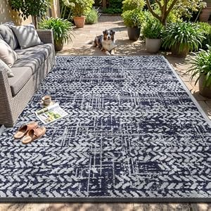 MontVoo Outdoor Rug 8×10 Waterproof-Patio Rug Mat Outdoor RV Camping Picnic Beach Mat Plastic Straw Rugs Outside Outdoor Area Rugs for Balcony Deck Backyard Navy Blue