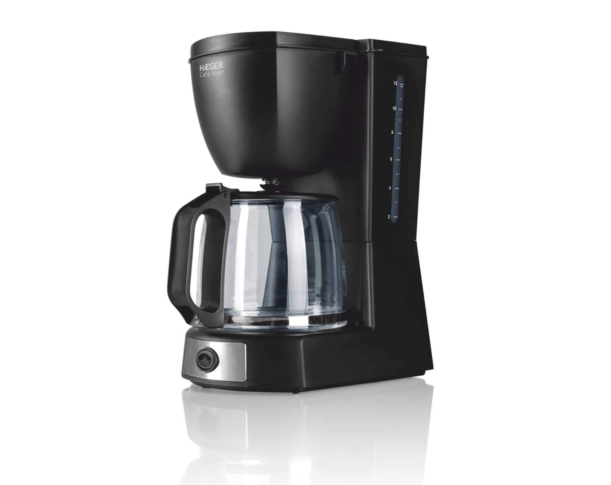 HAEGER CAFÉ Noir - Cafetera de Goteo, Capacidad 12 Tazas, 680W de Potencia, Placa calentado para Mantener el Calor, indicador de Nivel de Agua, Sistema Anti-Goteo, Jarra de Vidrio con Tapa articulada