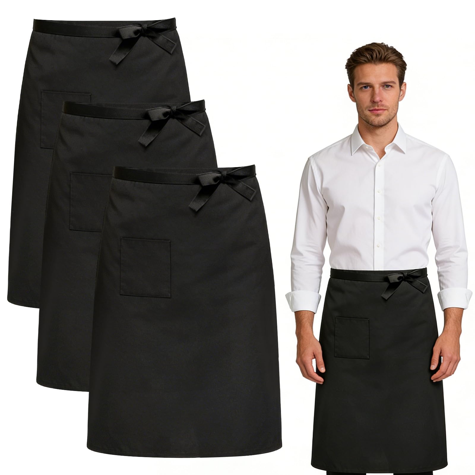 3 Stück Vorbinder Schürze mit Tasche, 68x70cm Kellnerschürze Verstellbare Lang Vorbinder, Kochschürze Halbe Arbeit Servierschürze Taillenschürze Schwarz für Küche Restaurant Bistro Florist Caf