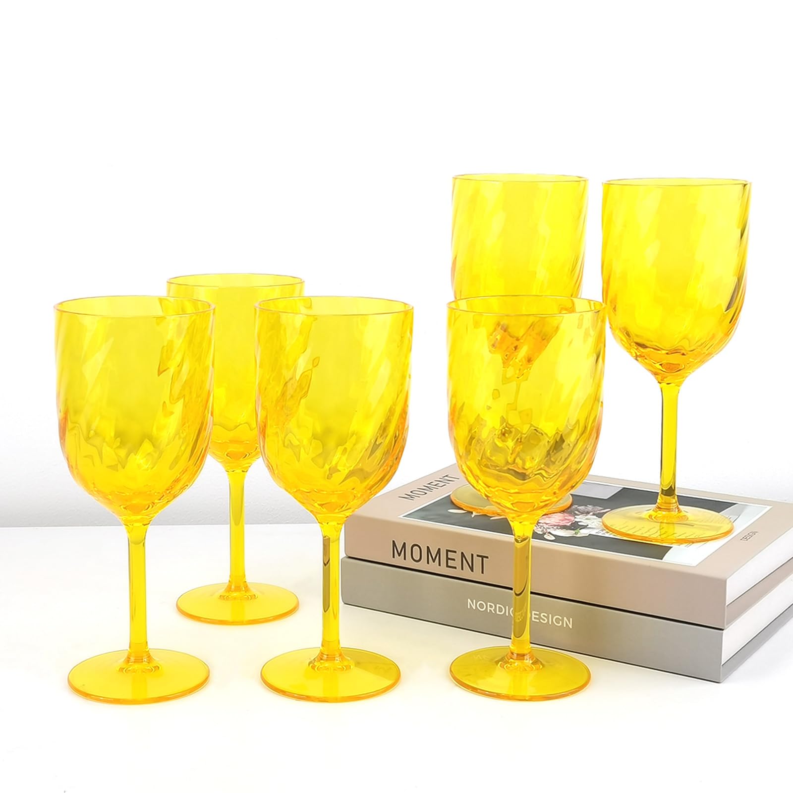 Lot de 6 verres à vin incassables en acrylique 425 ml pour intérieur et extérieur, sans BPA, incassables, jaunes