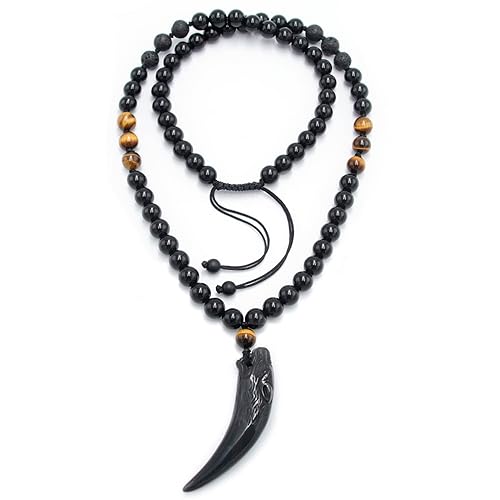 GENASTO Wolf Tooth Necklace Black Obsidian Stone Beads and Tiger Eye Necklace and Tiger Eye Natural Stone Crystal Healing Prayer Necklace for Men