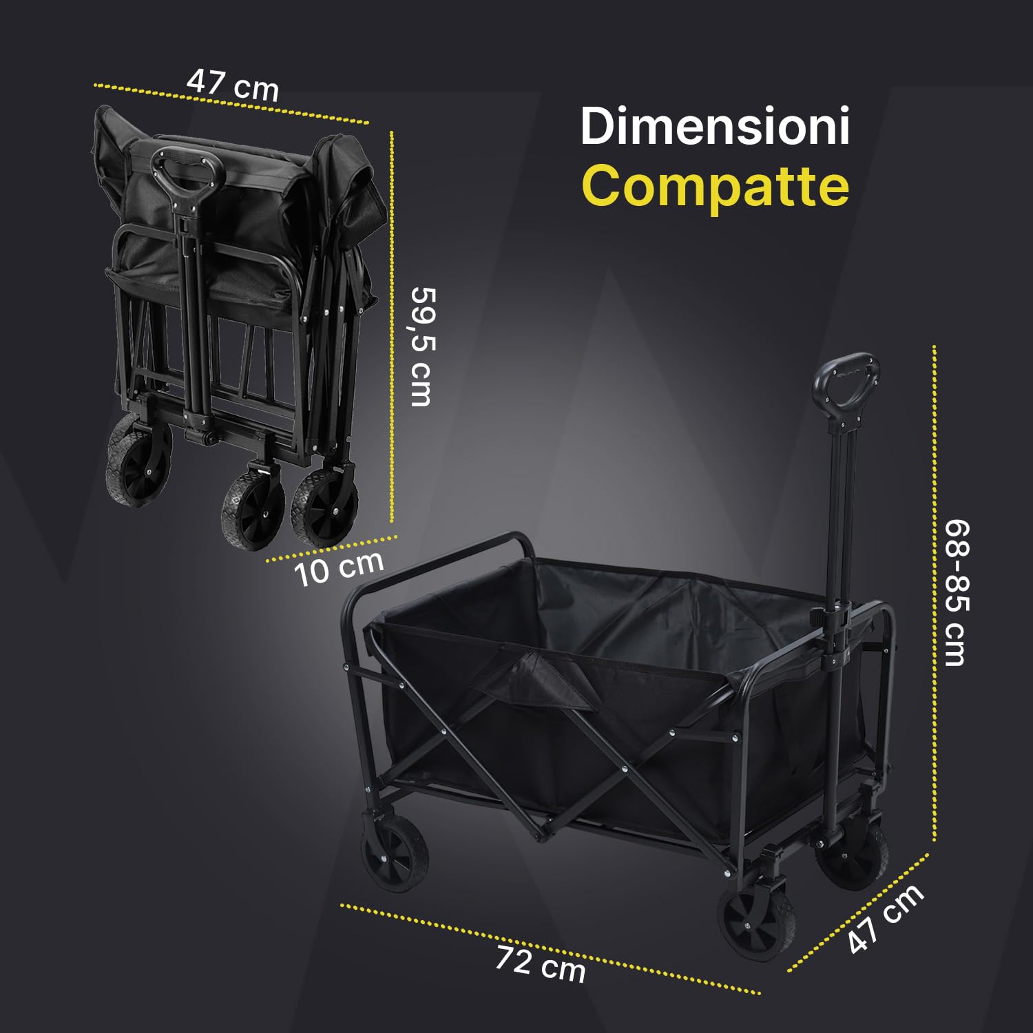 Avilia - Carrello con Ruote Portatutto Pieghevole 72x47x60/85 cm in Acciaio Antracite, Portata 90 kg, Richiudibile Salvaspazio per Spesa, Spiaggia, Campeggio e Giardino