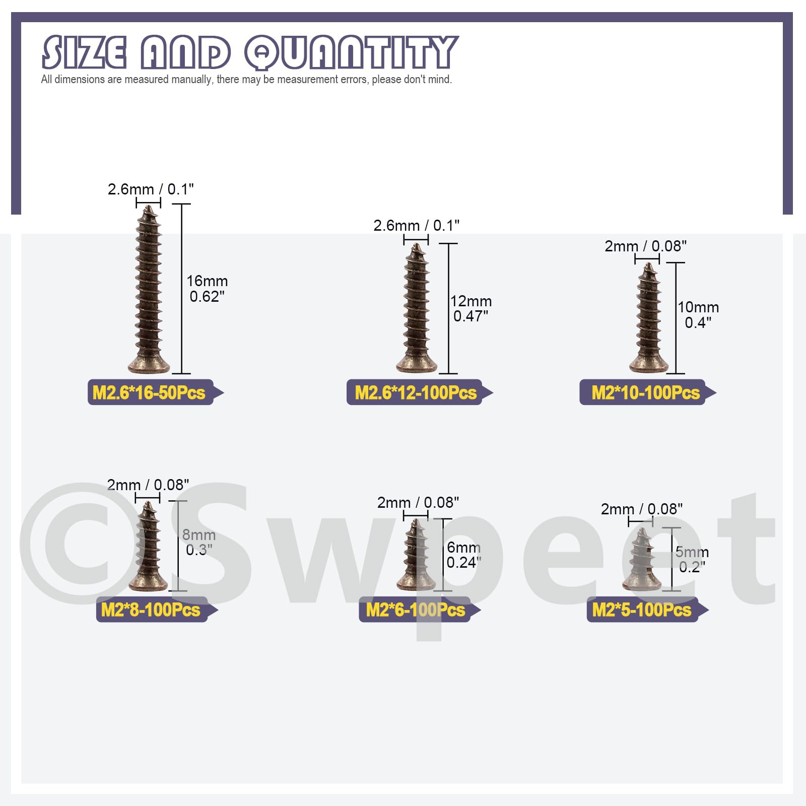 Swpeet 1300Pcs 5mm-16mm Small Wood Screws Assortment Kit, Self Drilling Flat Cross Head Screws, Bronze, 2mm x 5mm, 2mm x 6mm - Image 2