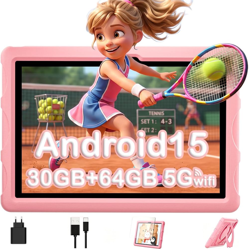 ZENTALITY Kinder Tablet 10 Zoll Android 15 mit 30GB RAM + 64GB ROM(2TB), 5G WLAN 6, Widevine L1, Elterliche Kontrolle, 8-Core, 8000 mAh, Kids Tablet mit Kinder Hülle Eva + 360° Drehbarer Ständer,Rosa