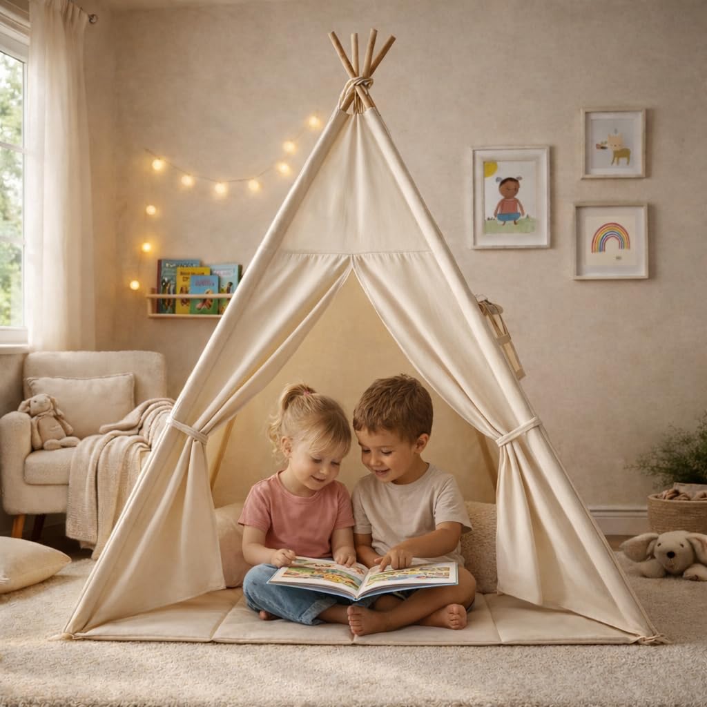 Tipi Enfant 120x120x160cm – Tipi Intérieur Coton Naturel EN71 – Cabane Enfant Chambre Garçon Fille – Tapis de Sol et Guirlande – Cadeau Anniversaire 2-10 Ans