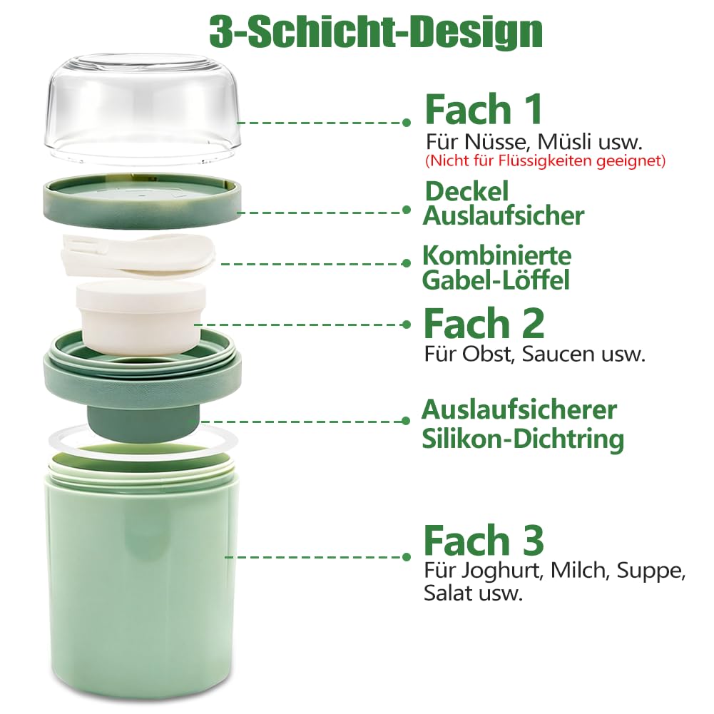 2er Müslibecher To Go Auslaufsicher mit Löffel & Soßenbox, 520+50+250ml Joghurtbecher aus BPA-freiem PP, Spülmaschinengeeignet für Arbeit, Schule & Picknick (mit Reinigungsbürste)