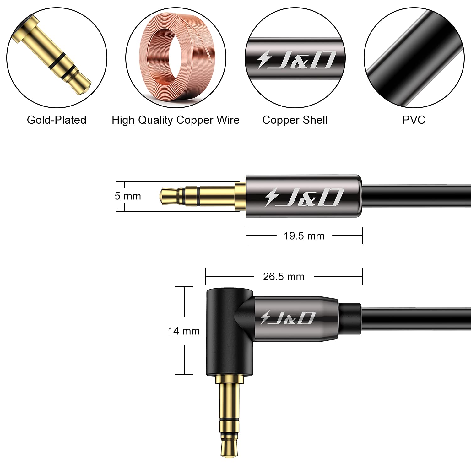 J&D 3.5mm Stereo Audio Aux Jack to Jack Gold Plated Cable 90 Degree Right Angle Compatible for iPhone, Galaxy, Speakers or All Other Devices, 10 Feet
