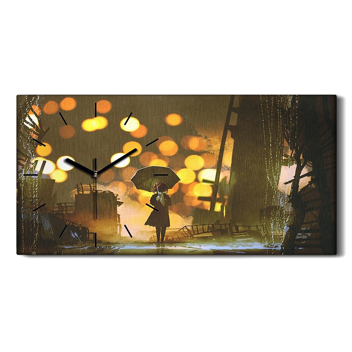 Horloge sur toile salon et chambre décor mural moderne femme sous la pluie