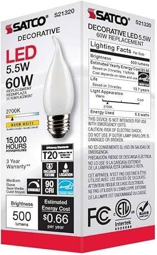 Miniatura 8 de Satco S21320 5.5CA10/LED/927/FR/120V/E26-paquete de 6
