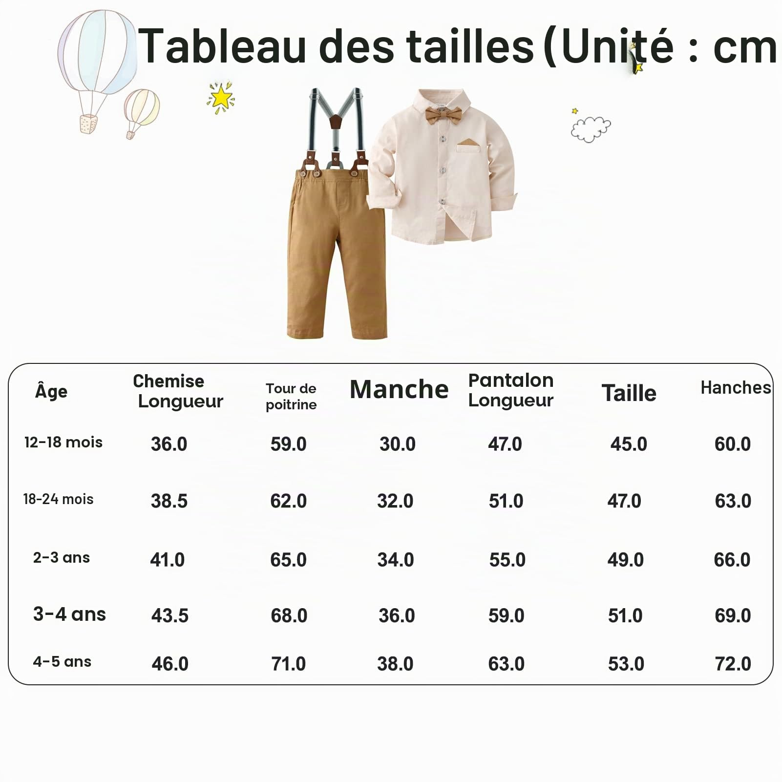 Vêtement Ensembles Bébé Garçon Gentleman, Enfant 1-10 Ans chemise + nœud papillon + bretelles + Pantalon Tenue Ceremonie Fete