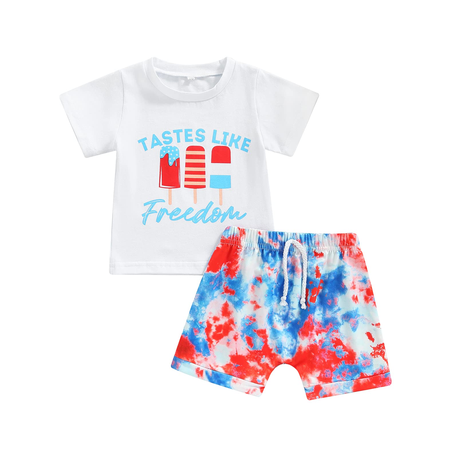 Infant Baby Boy 4th of July Outfit Short Sleeve Freedom Letters Print T-Shirt Tops Tie Dye Drawstring Shorts Summer Clothes (White Red Blue, 0-6 Months)