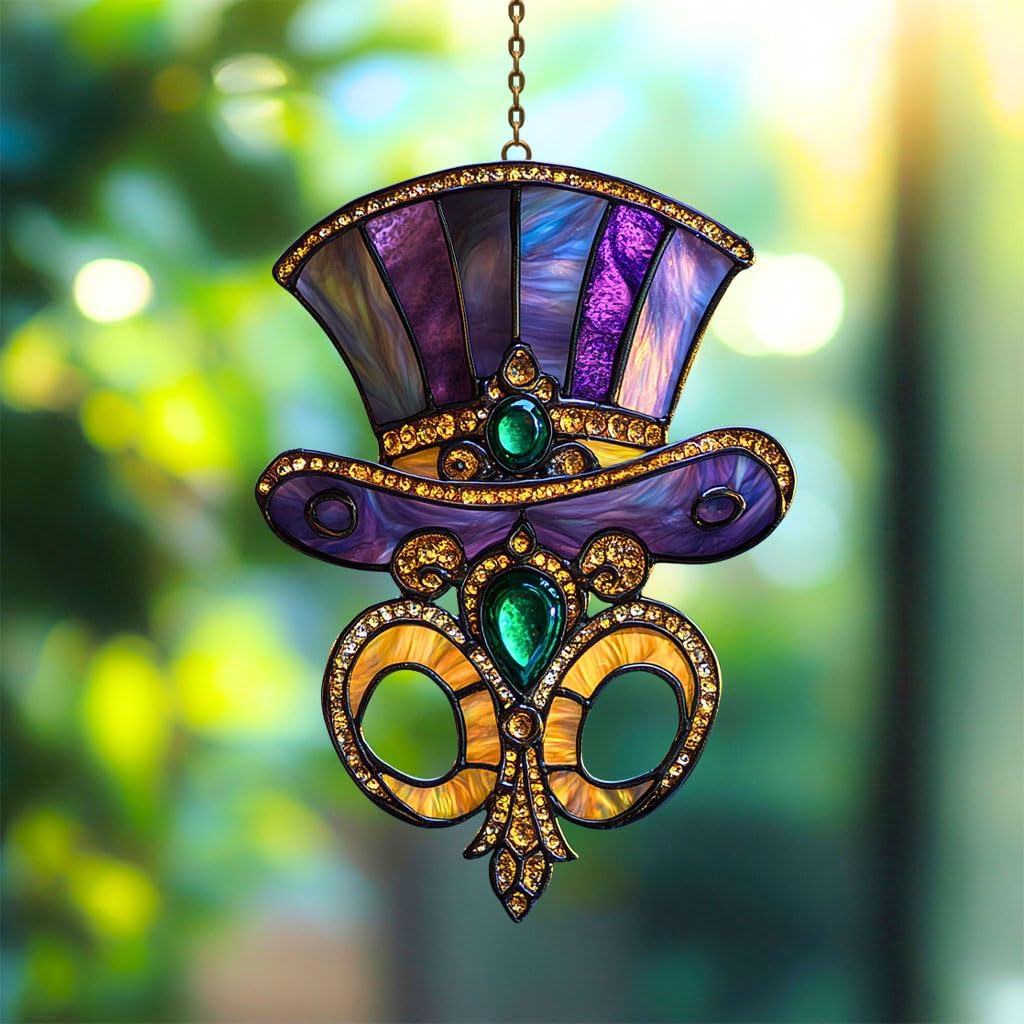 Mardi Grass Purple Top Hat Acrylic Suncatcher Stained Glass Effect Window Car Hanging Christmas Ornament Indoor Outdoor Decor Garden Sun Catcher Panel for Mardi Gras Lover for Mom Women Grandma