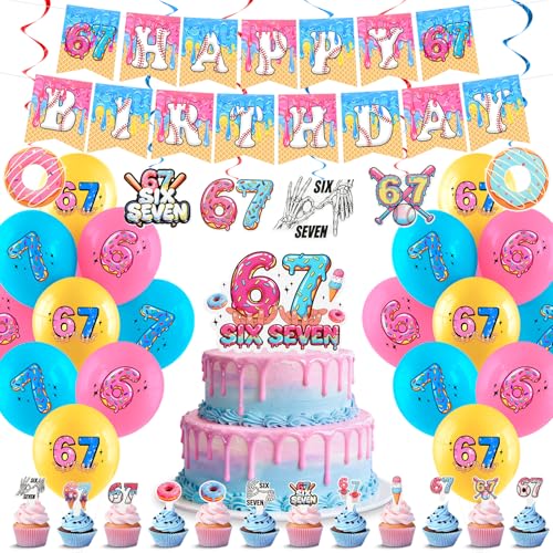 IGIDOLAA 6 7 Birthday Decorations 67 Meme Themed Party Supplies Set Includes Happy Birthday Banner Cake Topper 24 Cupcake Toppers 6 Hanging Swirls and 18 Balloons for Six Seven Meme Fans Party Favors