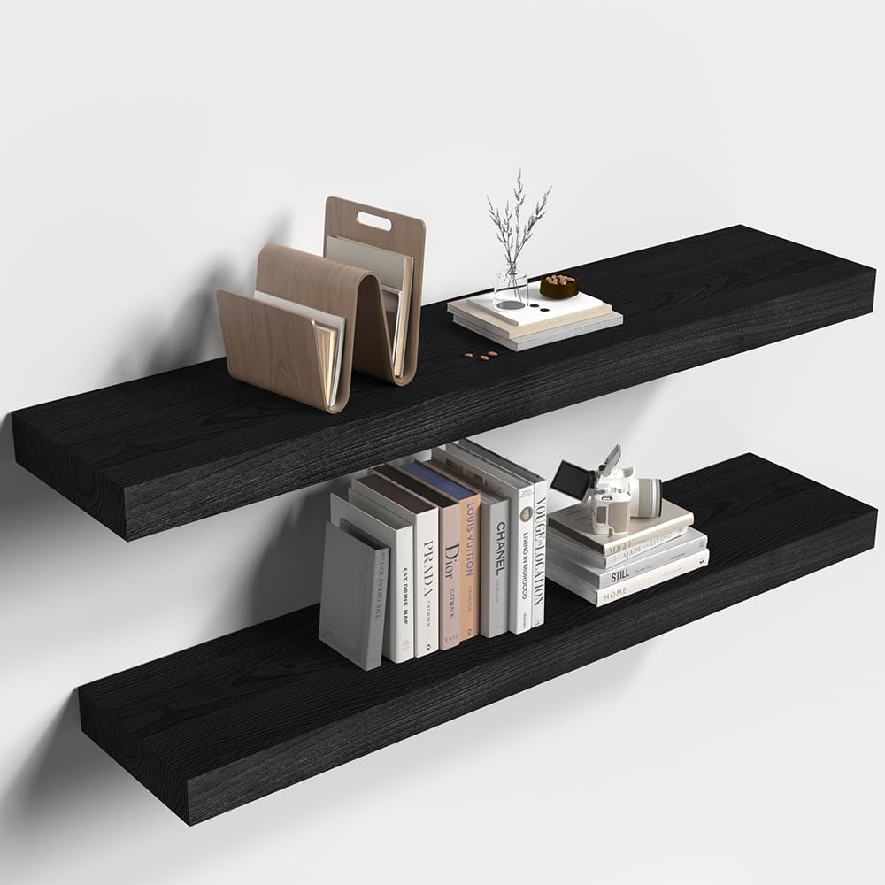Habudda Floating Shelves, Wall Hanging Wood Shelf for Rustic Home Decor, Bathroom, Bedroom, Kitchen Display, Natural Wood, Invisible Bracket, 30", 2-Pack (Black, 30"×6.7"×1.6")