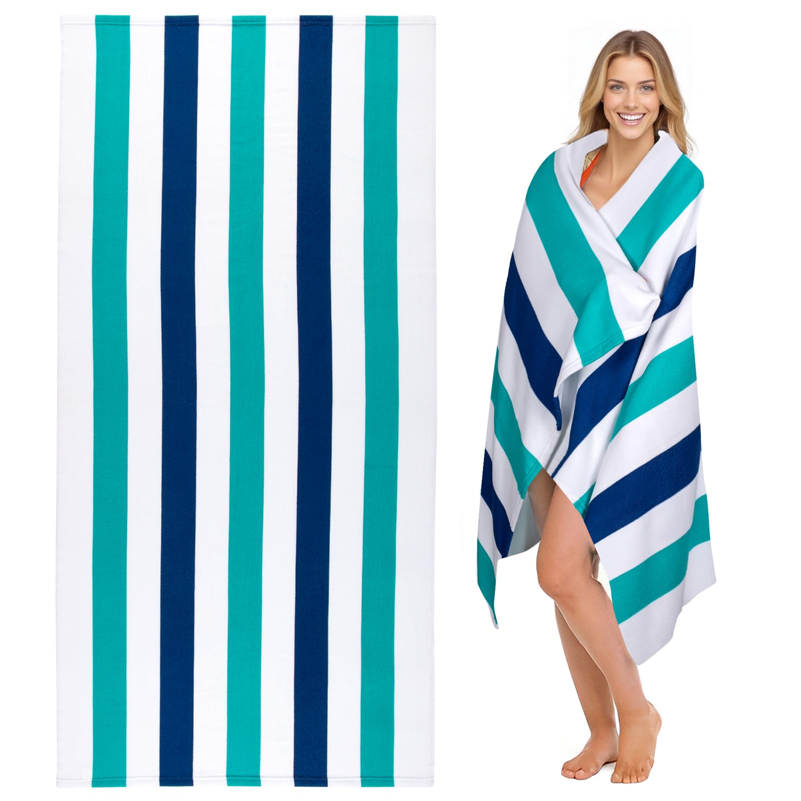 Ouxiaobai Large Oversized Beach Towel - Microfiber Sand Free 35 x 70 Inch Quick Dry Lightweight Pool Towel for Adults, Thin Striped Swim Towel (Turquoise)