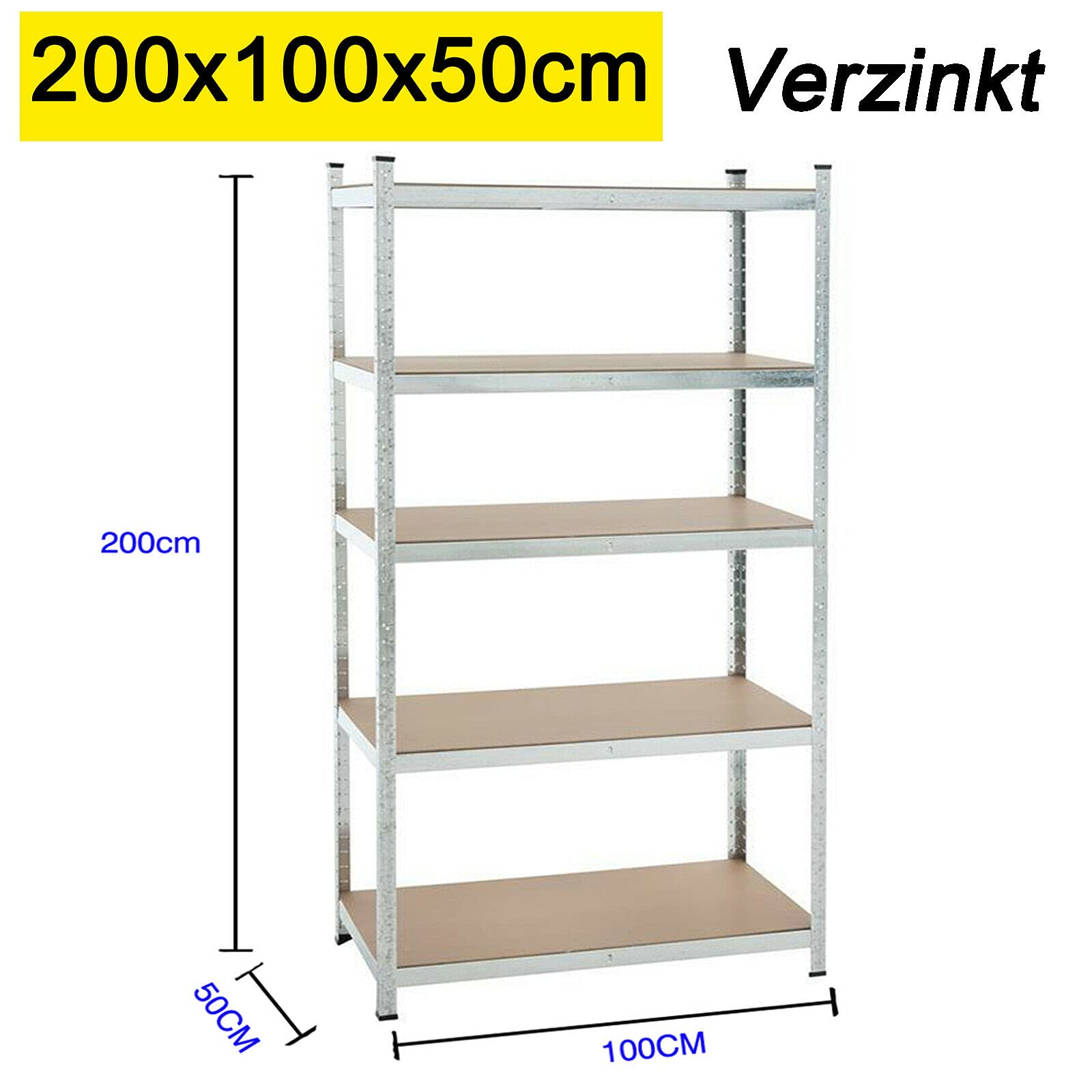 Scaffale per cantina, 200 x 100 x 50 cm, in metallo, con 5 ripiani, portata fino a 875 kg, per garage, officina, dispensa, zincato