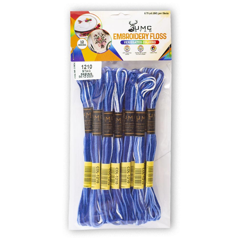 Paquete de 12 hilos de bordado de alta calidad, madejas 100% algodón egipcio de primera calidad, hilo de bordado de punto de cruz, certificado Oeko TEX, ideal para artes y manualidades (azul