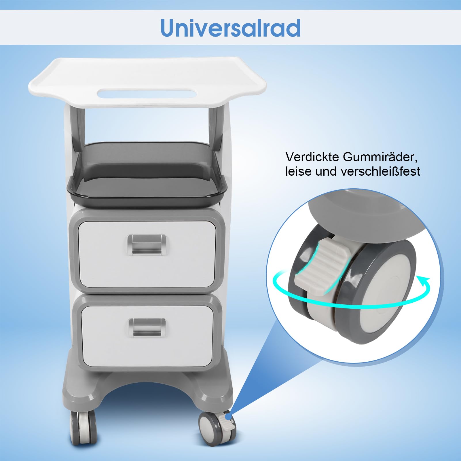 Carrello Medico con 2 Cassetti e Ruota Universale, Carrello Multifunzionale per Salone di Bellezza e Cosmetici con Vano Portaoggetti
