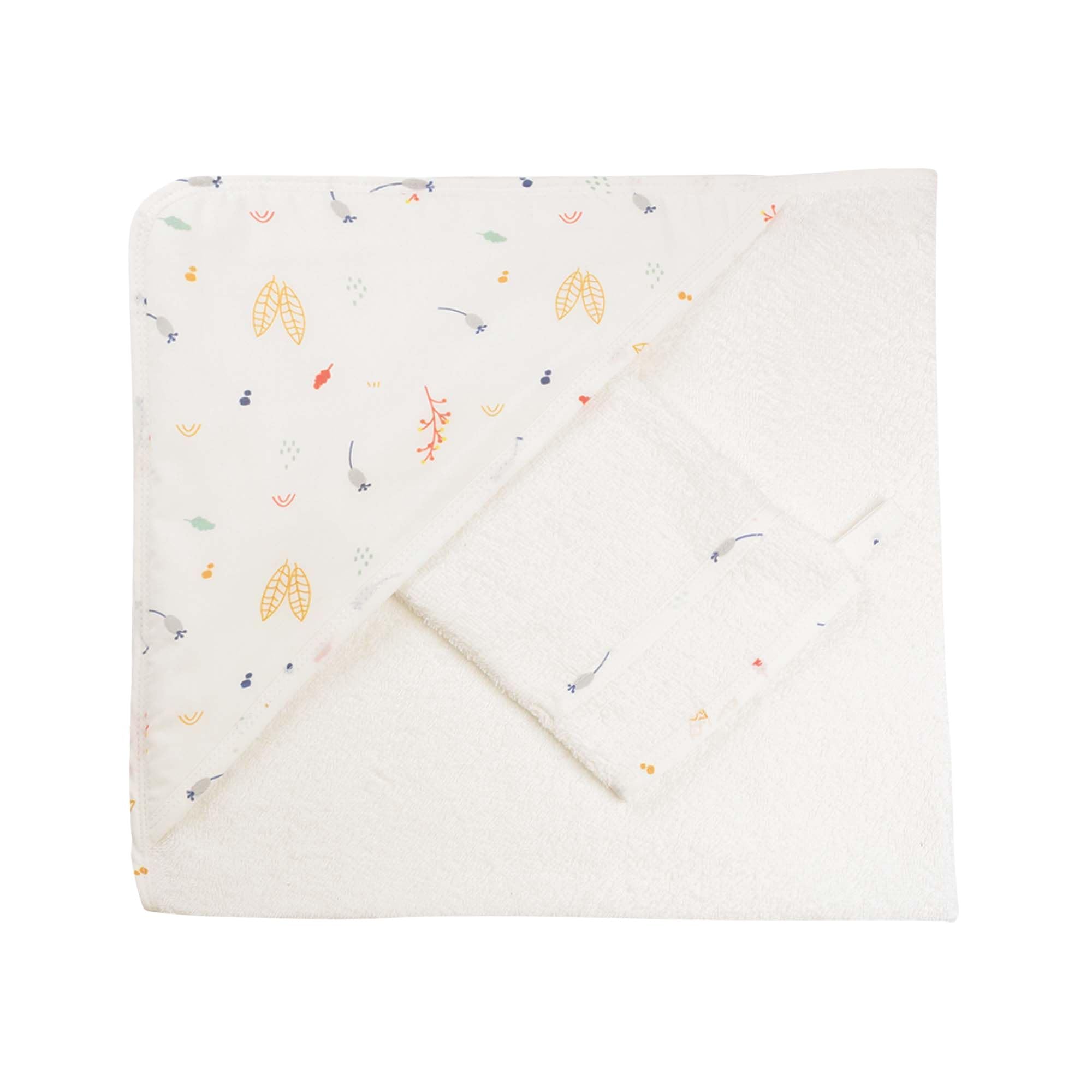 Trois Kilos Sept - Set Bain Bébé Forêt - Cape à Capuche + Gant - 100% Coton Doux et Absorbant - Certifié Oeko-TEX® Standard 100 - Motif Forêt - 70x70 cm