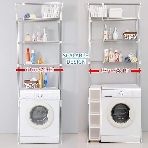 Miniatura 5 de BAOYOUNI Estante ajustable para ropa sucia sobre el inodoro, estante de almacenamiento para lavadora, secadora, organizador de baño de pie de 3