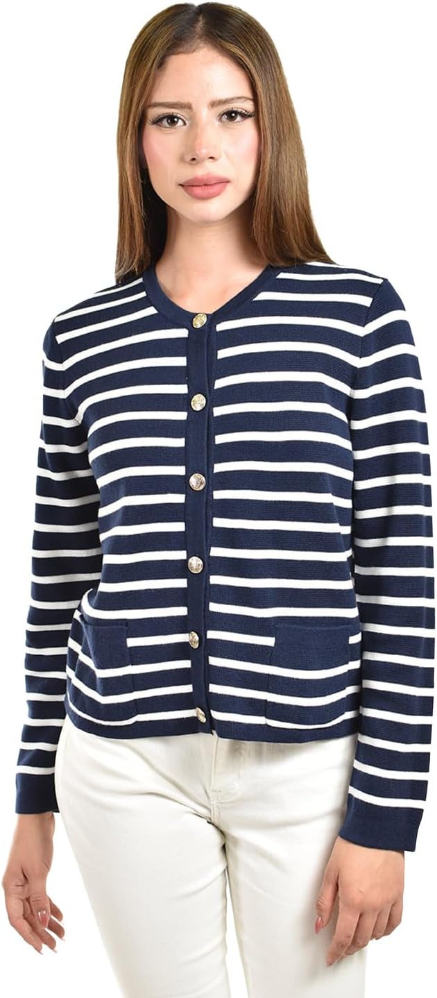 Striped Button Knit Cardigan/Youth, 3140 (Navy)