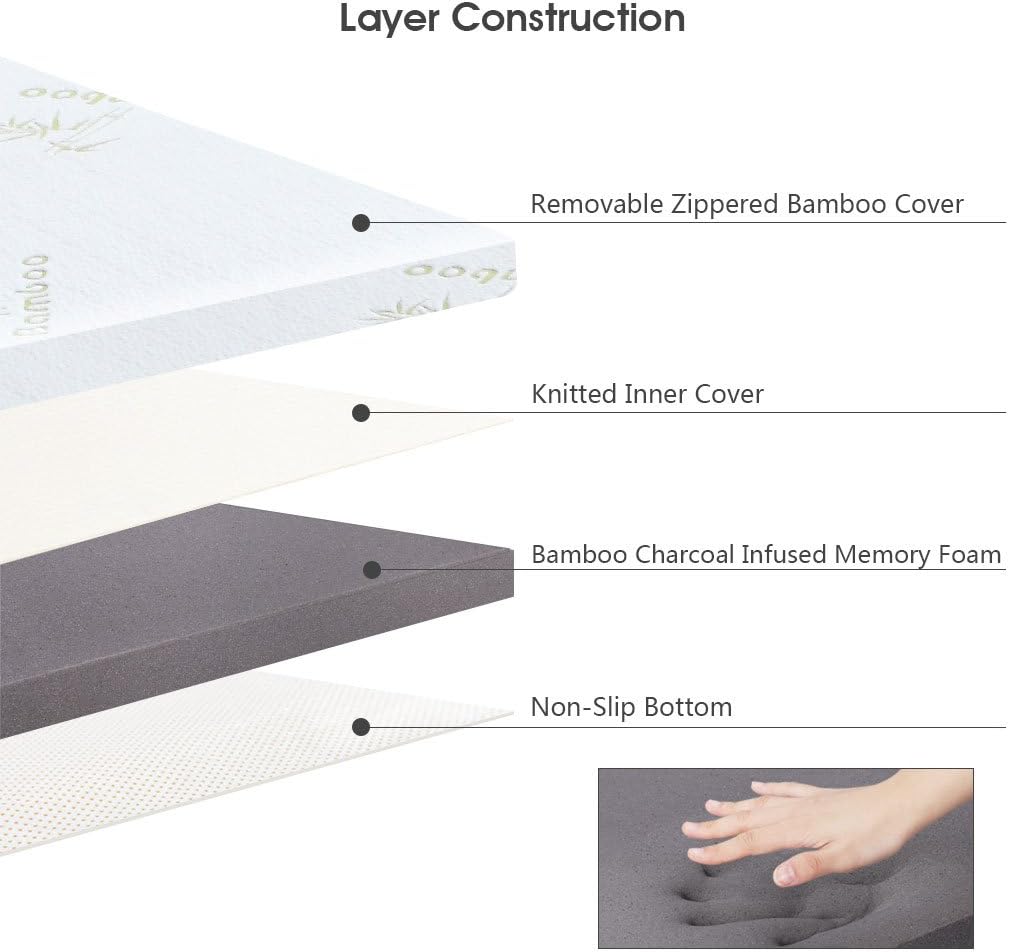LANGRIA 3-Inch Twin Memory Foam Mattress CertiPUR-US Certified with Topper Bamboo Charcoal Infused Removable Zippered Hypoallergenic Bamboo Cover and Non-Slip Bottom
