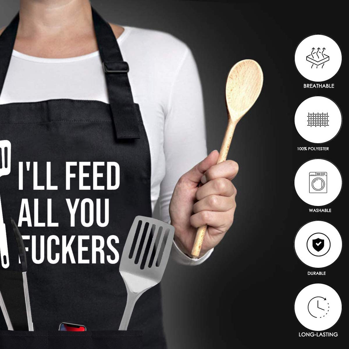 Lustiges Koch-Schürzen-Set Mit Hut – „I‘ll Feed All You“, Verstellbar, Für Grillen & Kochen