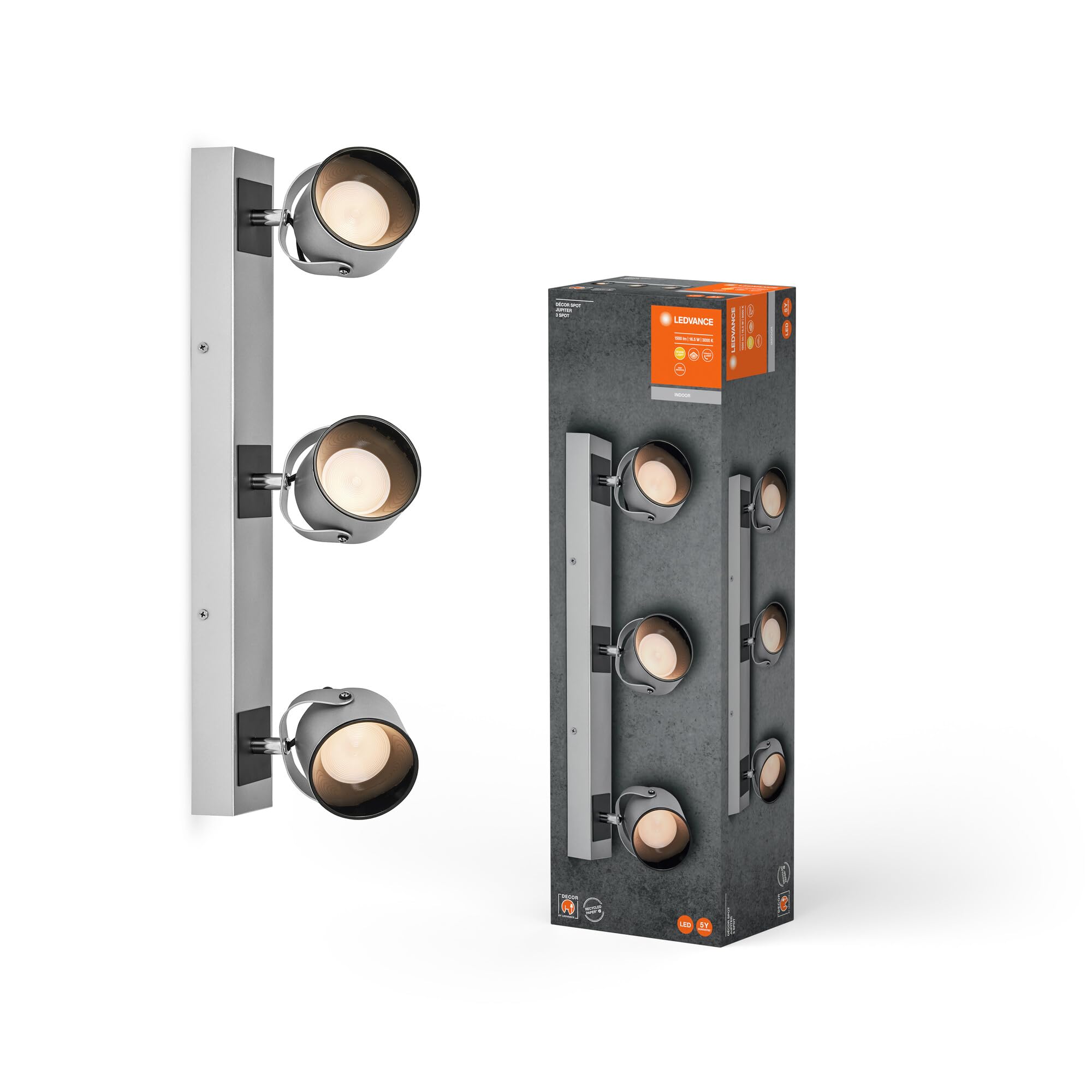 LEDVANCE Decor SPOT Jupiter, 16.5W, 550lm, Silver, Spotlight, Adjustable Heads, Versatile, Indoor spot, Warm White Light Color, high-Quality Optics, Easy Installation