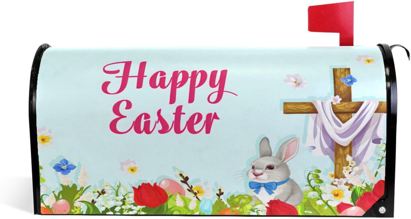 WOOR Easter Egg Hunt Rabbit with Cross Greeting Magnetic Mailbox Cover MailWraps Garden Yard Home Decor for Outside Oversized-25.5" x20.8"