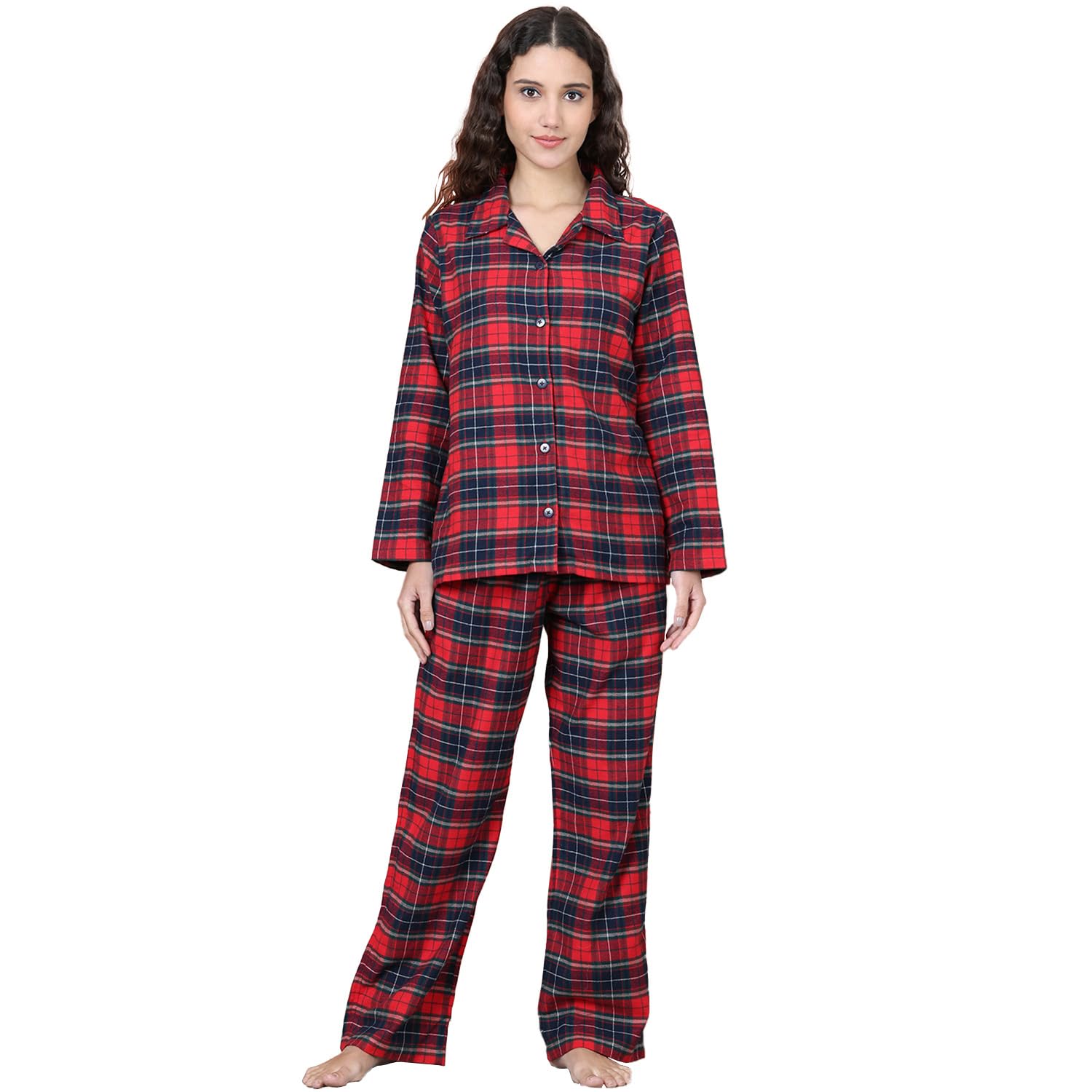 Checkred Flannel Night Suit/Top & Pyjama/Pocket/Co-ord/Set/Full Sleeves-image-43